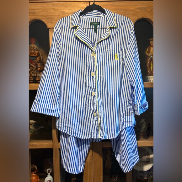 Lauren Ralph Lauren Other - Lauren Ralph Lauren Blue and White Striped with Yellow Trim Pajamas Size Large